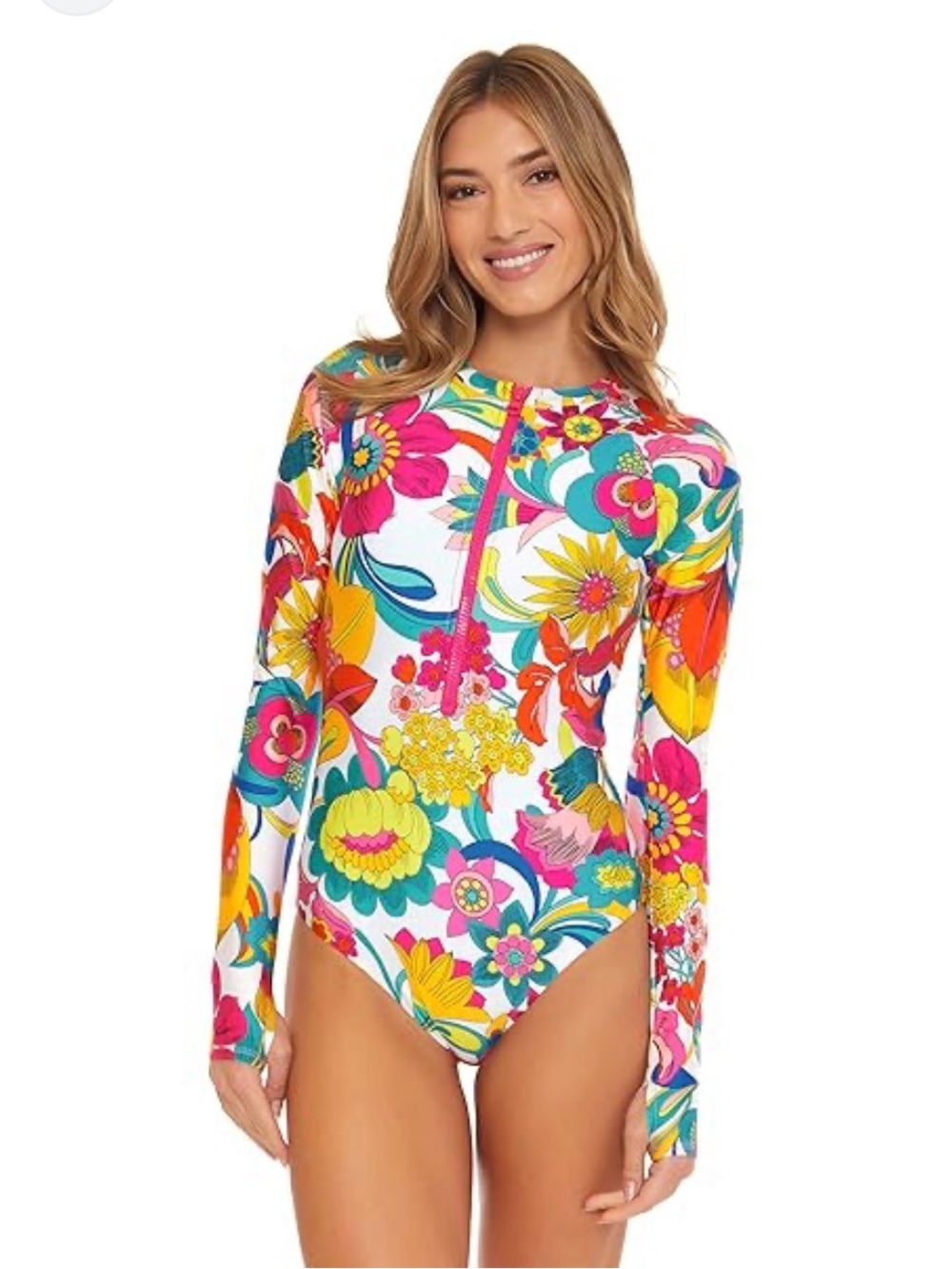 Trina Turk NEVERWORN Long-Sleeve medium Floral Zip Front Women’s Swimsuit - Picture 1 of 4
